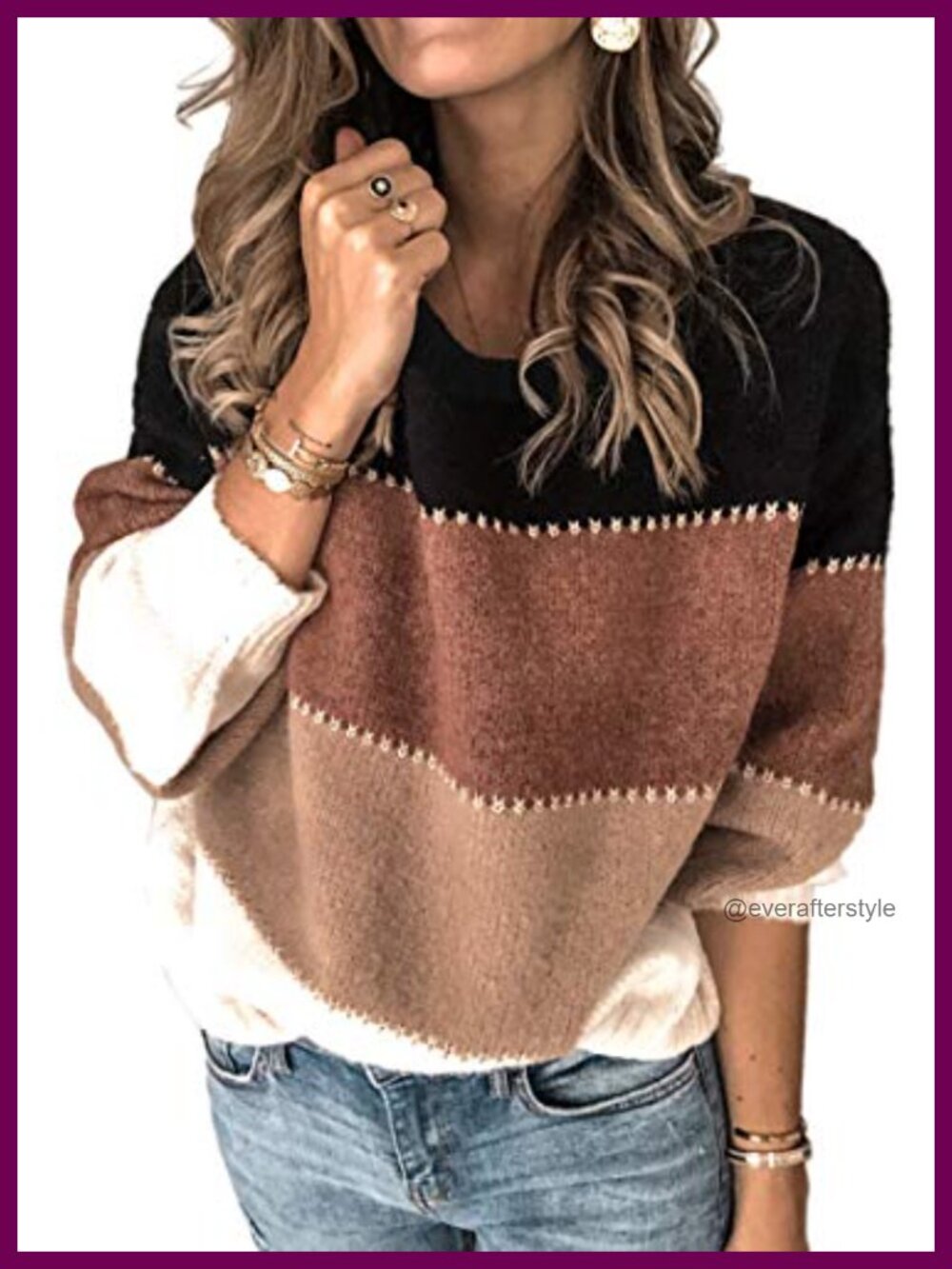 Womens Knit Sweater Color Block Patchwork Crewneck Pullover Long Sleeve